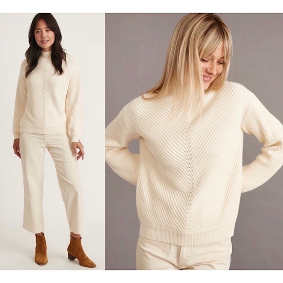 NWT MARINE LAYER Ivory Cotton Merino Wool Chevron Rib Knit Mockneck Sweater S - Picture 1 of 9